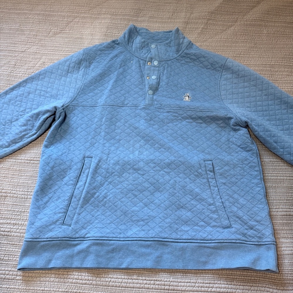 Original Penguin Munsingwear Mens XXL Quilted Pullover Snap Mock Neck Blue Sweat